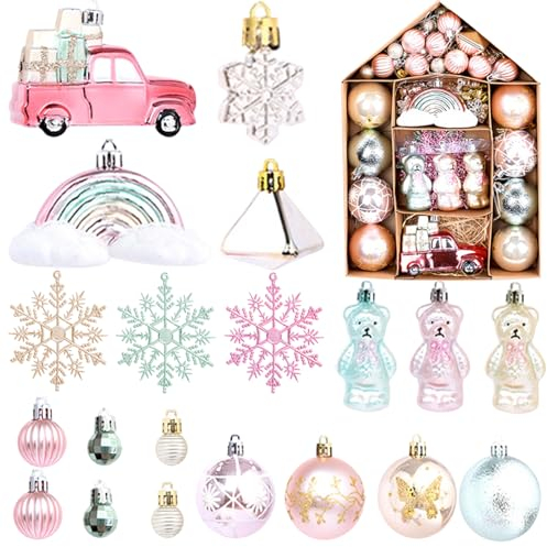 70Pcs Palline di Natale, Accessori Decorativi per L'Albero, Addobbi in Rosa e Bianco, Diverse Forme ed Un Puntale, Natalizie