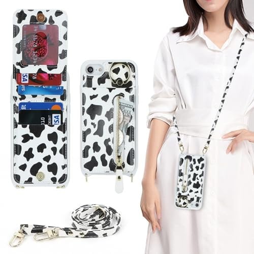 Zouzt for iPhone SE 2022/2020/3rd/2rd / iPhone 8/7 4.7 Inch Case with Cord and Card Holde, Zipper Wallet Case with Crossbody Lanyard Ring Adjustable Necklace Protective Cover Women - Cow Print Black