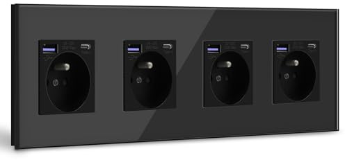 BSEED Quadruple Prise Murale avec USB C,Prise de courant à Encastrer,16A Prise de Courant Alternatif avec Panneau en Verre,Chargeur Rapide Multiprises avec 1USB C 20W,Idéal pour Maison,Bureau-Noir