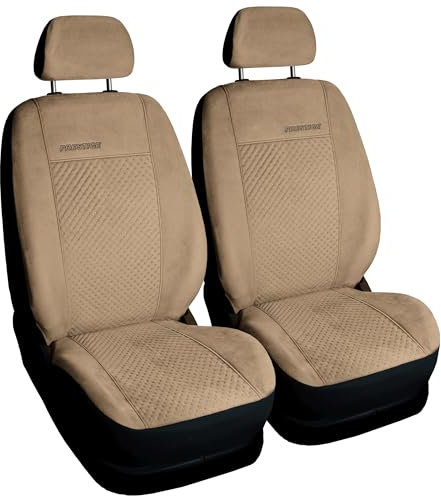 VORDERSITZE 2er Set Sitzbezüge Schonbezüge Sitzschoner Velour + Strickpolster oder Öko-Leder + künstliches Wildleder ®Auto-schmuck (Prestige beige)