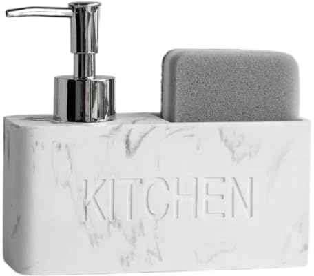 Premium Dish Soap Dispenser, Elegant Hand Wash, Washing Up Liquid Dispenser, Sink Soap and Sponge Caddy, 2 in 1 Organizer for Kitchen Sink (Marblin)
