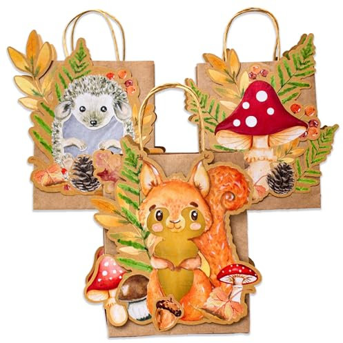 Papierdrachen 3 Laternen zum Selber Basteln - Henkeltüten mit Transparentpapier und Stanzteilen - Waldtiere Aquarell - für Mädchen und Jungen - Ideal für Kindergartenkinder - Set 6