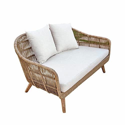 Loberon Sofa Hamil, modernes Design, wetterfestes Geflecht, 1 Sitzkissen & 2 Rückenkissen, Gartenmöbel, Outdoor, Aluminium, Akazienholz, Polyethylen, braun/Creme