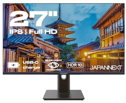 JAPANNEXT Monitor 27 IPS Full HD (1920x1080) | HDR | Ricarica tramite USB-C (65W) Altezza e inclinazione regolabili (HSP) Altoparlanti | G-Sync/FreeSync | Garanzia 2 anni | JN-IPS27FHDR-C65W-HSP