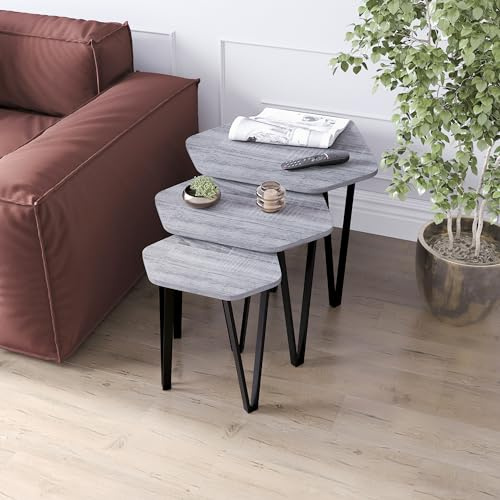 Vida Designs Brooklyn Nest of 3 Tables, Industrial Style Stacking side Tables With Steel Frame, Sturdy and Easy Assembly (Grey)