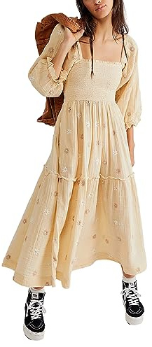 Springcmy Damen-Maxikleid mit Blumenstickerei, lange Puffärmel, quadratischer Ausschnitt, gesmokt, gestuft, gerafft, böhmisch, fließendes Kleid, Strandkleid, langes Kleid, A-apricot, M