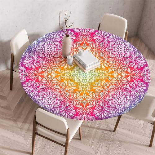 Highdi 3D Elastische Tischdecke Rund Abwaschbar, Spanntischdecke Rund Gartentischdecke Outdoor Round Tischdecke mit Gummizug für Esszimmer, Küche und Picknick (110cm,Mandala 4)