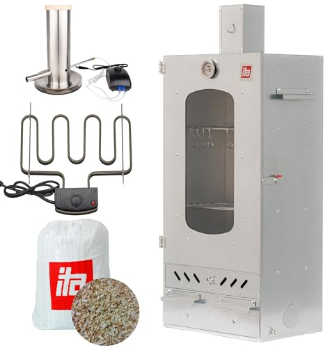 ITA Fumoir Électrique 7012 - Set Smoker avec Chauffage, générateur de fumée - Armoire avec fenêtre & cheminée - Acier allié - Qualité UE, Direct Fabricant - 81 cm avec 3 Niveaux