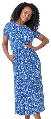Roman Midi Dress with Pockets for Women UK Ladies Stretchy Jersey Maxi Long Short Sleeve Elasticated Gathered High Waist Boho Flattering Skater Swing Fit Flare - Petite Royal Blue - Size 16