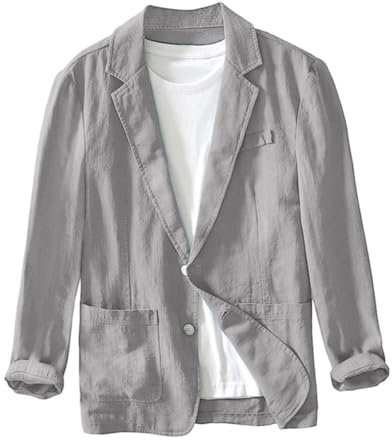Blazer en lin pour homme - Blazer d'affaires et de bureau - Col rabattu - Couleur unie - Veste de costume ample simple et polyvalente - Manteau de sport décontracté - Deux boutons vers le bas avec