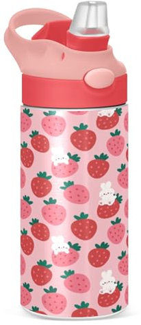 Sevdomey Bunny Strawberry Kids Water Bottle for Girls Boys, Stainless Steel Insulated Leakproof Water Bottle 350ml with Straw for School Nursery Travel Sports