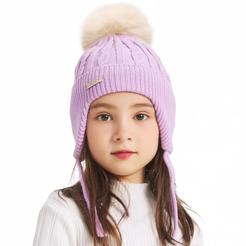 ZLYC Kinder Mädchen Strickmützen Wintermützen Baumwolle Pom Pom Beanie