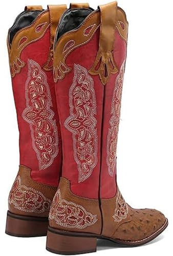 WEHAM Stivali Western Ricamati da Donna, Stivali da Cowboy con Tacco Grosso al Polpaccio, Stivali al Polpaccio retrò a Punta Nero Rosso alla Moda,Rosso,36