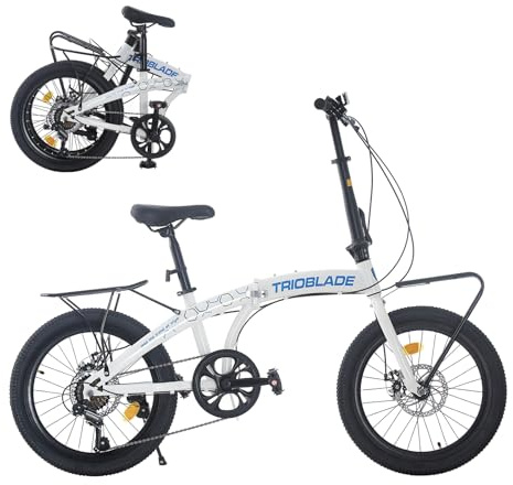 TRIOBLADE 20 Inch Folding Bike for Adult 7-Speed Shimano Drivetrain Folding Bicycle Lightweight Aluminium Frame Disc Brake Foldable Bikes for Women Men (White&Blue with Rack)