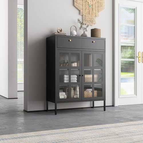 Mein-Regal Kommode Glasgow Schwarz Vitrine für Wohnzimmer als Deko Schrank aus Metall Ablage, Glastüren und Schubladen, Kommode für Bücher und Deko - Industrial Side Cabinet