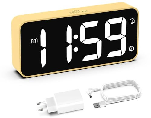 HOMVILLA Reveil, Réveil Numérique avec Grand écran LED, 5-100% Luminosité, 90-120 DB Volume, 2 Alarmes, 12/24H, Fonction Snooze, Reveil sur Secteur (Adaptateur Inclure) Jaune