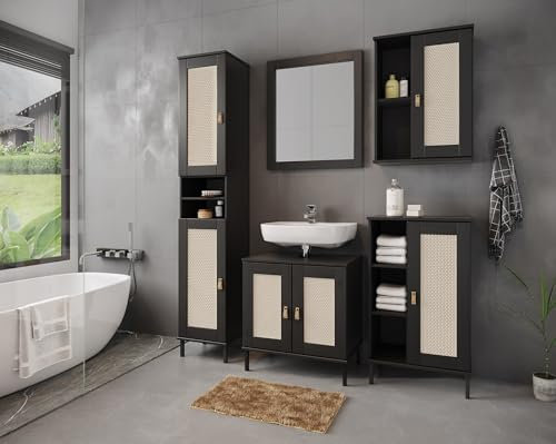 Badezimmer-Set >WZ-0800< (5-teilig) Fichte Massivholz schwarz, Hochschrank 35x190x32cm, Unterschrank 62x65x40cm, Kommode 52x90x32cm, Hängeschrank 52x70x21cm, Spiegel 62x70x2,5cm - 155x190x40 (BxHxT)