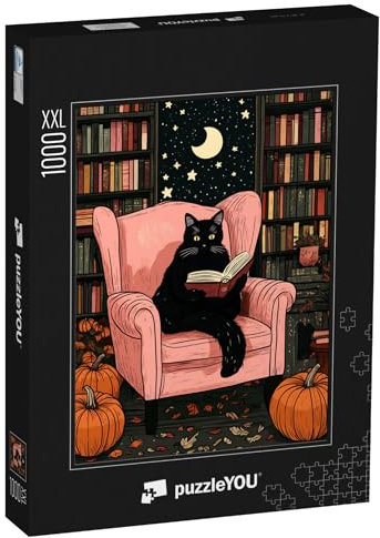 Puzzle 1000 Teile XXL „Schwarze Katze beim lesen im Sessel an Halloween“