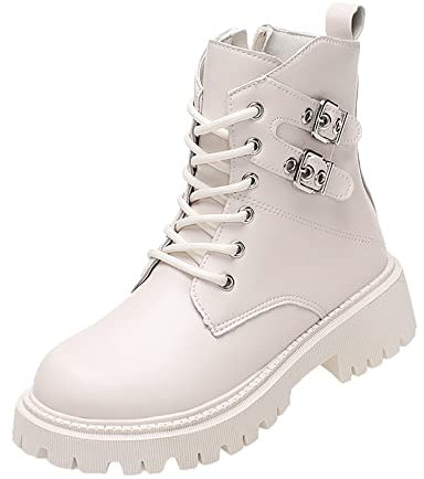 Generico Stivali con Zeppa Interna Stivali Donna Traforati Donna Pelle Artificiale Tinta Unita Autunno Suola Spessa Tacchi Quadrati Cinturino con Fibbia Scarpe con Pelliccia Donna Stivali (White, 40)