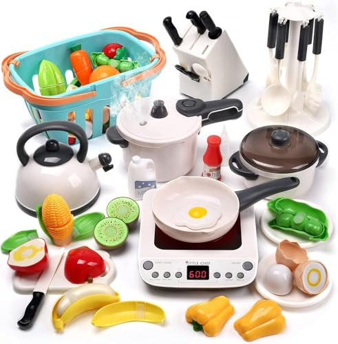 CUTE STONE Gioco da Cucina Immaginativo con Pentola a Pressione a Vapore, Piano Cottura Elettronico, Utensili da Cucina, Posate e Cibo da Gioco da Tagliare, Cesto della Spesa Educativo per Bambin