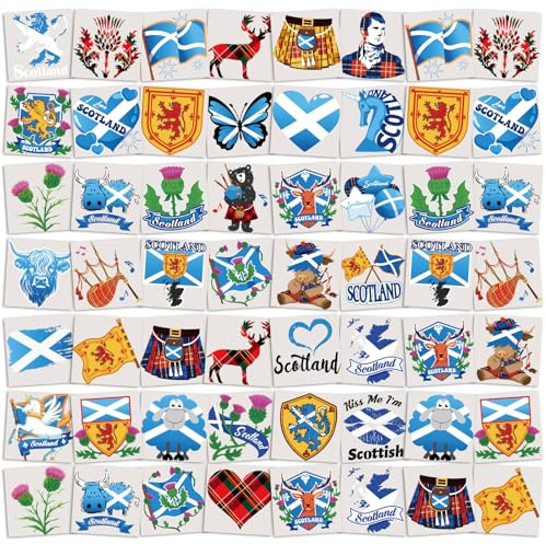 DPKOW 72pcs Scottish Temporary Tattoos Burns Night Accessories, Waterproof Scottish Flag Temporary Tattoos Thistle I Love Scotland Tattoo Party Favors Burns Night Decorations