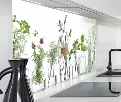 timalo Herd Spritzschutz Wand Spüle, Küche Küchenrückwand Glasoptik | Acryl Glas 2mm | Glasrückwand Acrylglas Küchenpaneele Rückwandschutz Platte | 60x52cm Kräuter Küchenkräuter in Gläsern; Gewürze