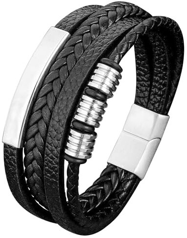 Mochity Lederarmband Herren 21cm, Edelstahl Armband Schwarz Braun Blau, Perlenkette Armbänder, Schmuck Geschenke für Männer (B, Silber)