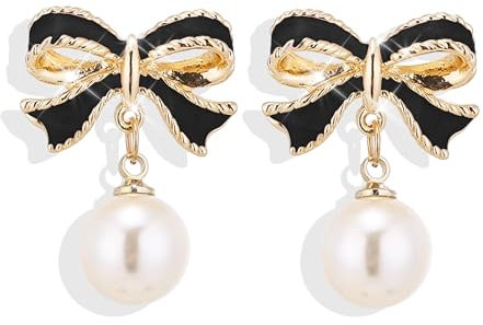 SIXDUTON Boucles d'Oreilles Perles pour Femme, Boucle d oreille à Clous en Ruban, Plaquée Or 14K Boucles d'Oreilles Nœud d'Amour Cadeaux pour la Saint-Valentin pour Femmes Filles (Noir)