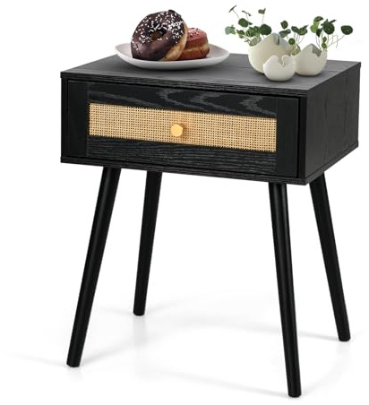 KOMFOTTEU Nachttisch mit Rattan-Schublade, Boho-Seitentisch mit Massivholzbeinen, Beistelltisch aus Holz, Nachttisch für Schlafzimmer, Wohnzimmer, 48 x 40 x 58 cm (Schwarz)