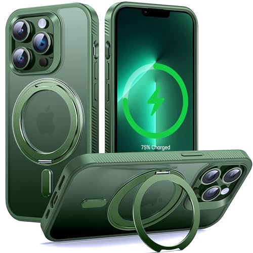 Supdeal Magnetic Kickstand for iPhone 13 Pro Case, Compatible with MagSafe 360° Rotatable Ring Stand Holder, Non-slip Hard Matte Translucent Cover Military-Grade Shockproof Phone Case, 6.1, Green