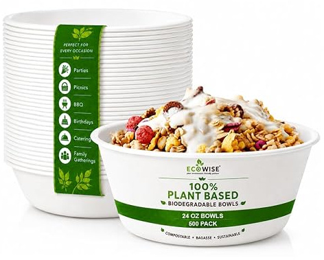 500 Pack - 24 Oz/750 ml, Bagasse Bowls, Biodegradable and Compostable, Eco-Friendly White Sugarcane Paper Bowls Perfect for Milk Cereals Snacks Salads Picnics & BBQ Parties