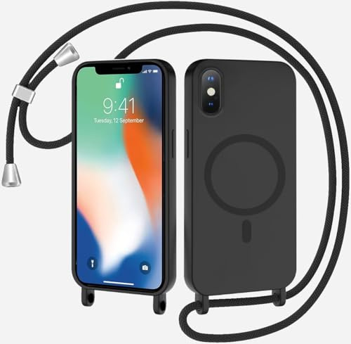SLWYF Magnetische Handykette für iPhone XS Max Hülle mit Band, Handyhülle Kompatibel mit MagSafe, Silikon Seil Necklace Handyhülle PU Stoßfest mit Abnehmbar Kordel zum Umhängen Case - Schwarz