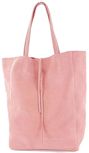 modamoda de T163 Damen Leder Shopper Schultertasche Large mit Innentasche handmade in Italy, Farbe:Rosabeige Wildleder