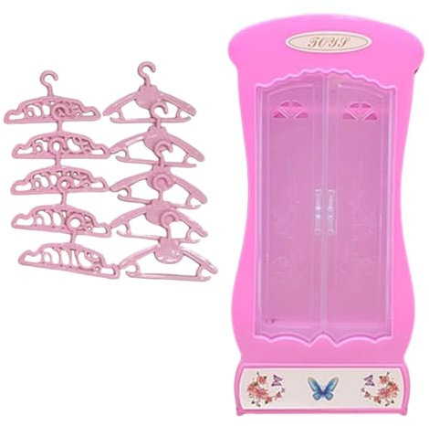 Luwecf Miniatur Kleiderschrank für Puppenhaus Spielzeug, Rosa mit Kleiderbügeln