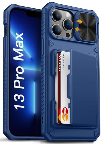 Vihibii for iPhone 13 Pro Max/iPhone 12 Pro Max Wallet Case with Card Holder (4 Cards), [RFID Blocking] & Slide Lens Camera Cover & Raised Edges Protect Screen, Shockproof Rugged Phone Case, Blue