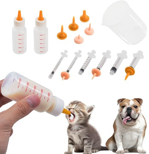 Pet Feeding Bottle and Syringe Set for Puppies and Kittens(2 Bottles,6 Syringes,10 Nipples,1 Storage Measuring Cup)