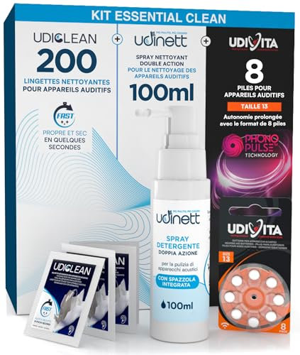8 Piles puor Appareils Auditifs Taille 13 PR48 Orange + 200 Lingettes Nettoyantes Udiclean Format de Poche + Spray Nettoyant avec Brosse de Nettoyage Udinett 100ml - Kit Essential Clean