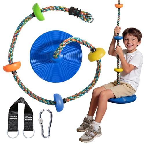 Vdealen Kletterseilschaukel, Kinderschaukel für den Außenbereich, mit Frisbee-Sitz, geeignet für Garten und Hof, Längenverstellbar, farbenfrohe Ausführung, 1,9 Meter lang (Blau)