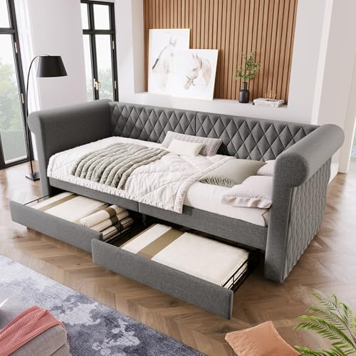 RIAZOS Polsterbett Kinderbett 90x200 cm, Schlafsofa Tagesbett mit 2 Stauraum Schubladen, Vintage Sofabett Jugendbett, Leinen, Ohne Matratze, Beige