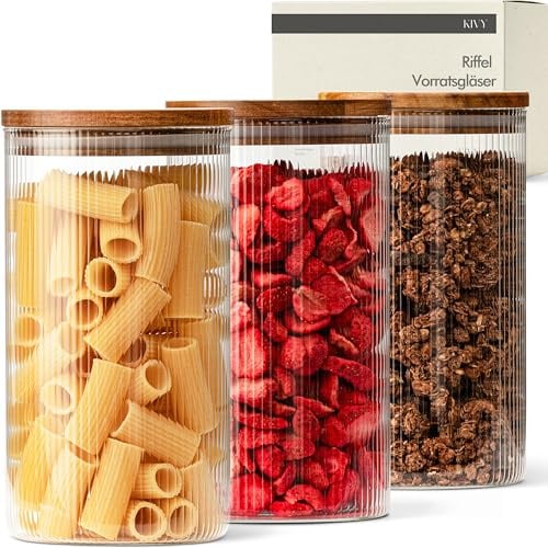 KIVY Riffel Vorratsgläser mit Deckel - 3x 1200ml - Luftdicht - BPA-Frei | Vorratsdosen Glas mit Deckel - Glasbehälter mit Deckel - Müsli Aufbewahrung Küche - Vorratsglas mit Holzdeckel - Akazie