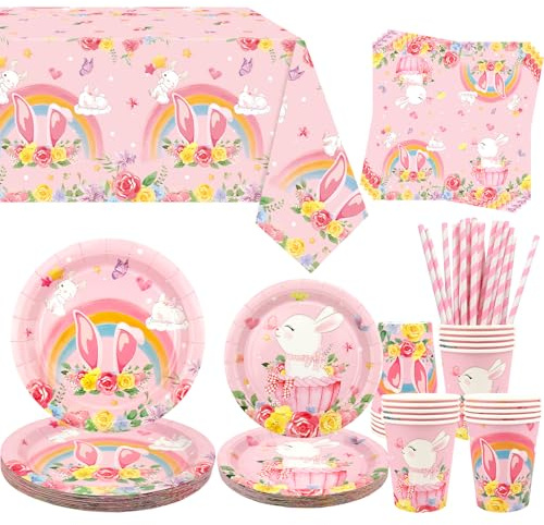 Obussgar Bunny Décoration de fête – Vaisselle pour fête d'anniversaire de lapin comprenant assiettes, gobelets, serviettes, nappe, pailles – pour 20 personnes