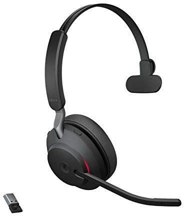 Jabra Evolve2 65 Bluetooth Wireless Headset mit Mikrofon für Anrufe und Musik, Einohr-Kopfhörer mit USB-A-Adapter, bis zu 37 Stunden Akku, funktioniert mit Microsoft Teams, Schwarz