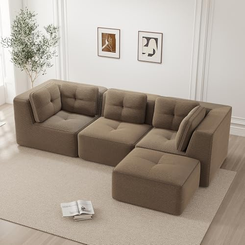 3-Sitzer Cloud Ecksofa mit Chaiselongue – L-Form Big Sofa ohne Montage, 32D hochelastische Polsterung, extra tiefe Sitzfläche, breiten Armlehnen, bodennahes Lounge Sofa, Braun (Brown, E-3S+1)