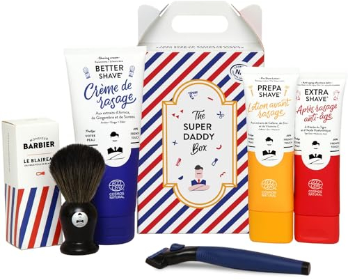 Kit de Rasage Super Daddy de Monsieur BARBIER | Coffret cadeau Naturel, Végan et Français | Idéal pour les peaux sensibles | Avant Rasage, Crème de Rasage, Après Rasage, Blaireau et rasoir 5 lames