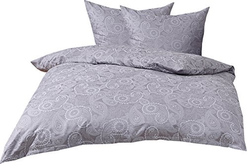 Bettwaesche-mit-Stil Mako Satin Damast Paisley Bettwäsche Garnitur Davos 200x220 + 2X 80x80 weiß - grau