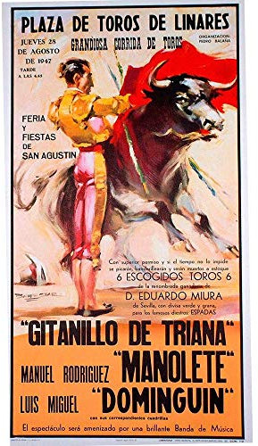 Cartel taurino modelo Mitos Linares Cartel taurino impreso, (se refiere a la corrida de la muerte de Manolete) mide 53 cm x 97 cm y papel de 80 gms. Se envía en tubo de cartón rígido