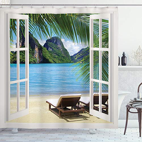 ABAKUHAUS Strand Duschvorhang, Palmen und Meer Sommer, Stoffliches Gewebe Badezimmerdekorationsset mit Haken, 175 x 240 cm, Grün Blau Weiß
