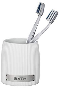 WENKO Zahnputzbecher Bath - Zahnbürstenhalter für Zahnbürste und Zahnpasta, Keramik, 8.5 x 9.5 x 6.5 cm, Weiß