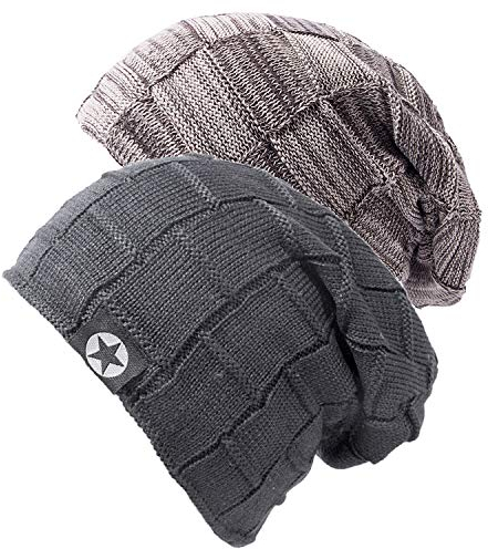 Chalier 2er Slouch Beanie Mütze Damen Herren, Warme Winter Strickmütze mit Fleece Innenfutter Unisex Wintermütze - Khaki+Grau (B Set) - Einheitsgröße