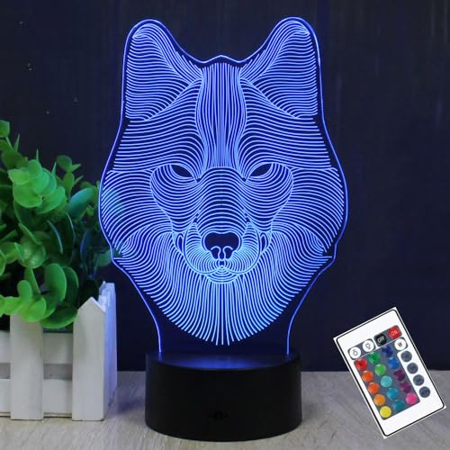 PONLCY Wolf Led Nachtlicht, 16 Farben 3D Illusion Lampe, Fernbedienung USB Schreibtischlampen, Schlafzimmer Dekoration Tischlampe für Kinder Weihnachten Geburtstag Geschenke
